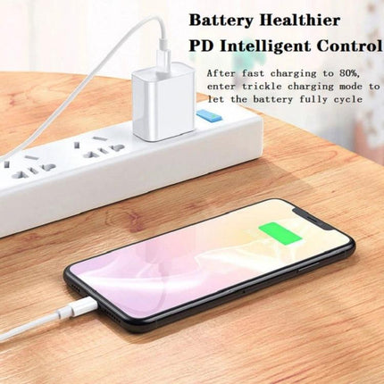 Travel Charger Set for On-the-Go Device Charging Needs showing PD 20W charger and 8-pin cable charging a smartphone on a power strip