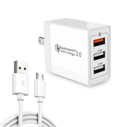 Handy Travel Charger Set for Everyday Device Use - white QC3.0 3-port wall charger with micro USB cable, charges phone tablet camera quickly