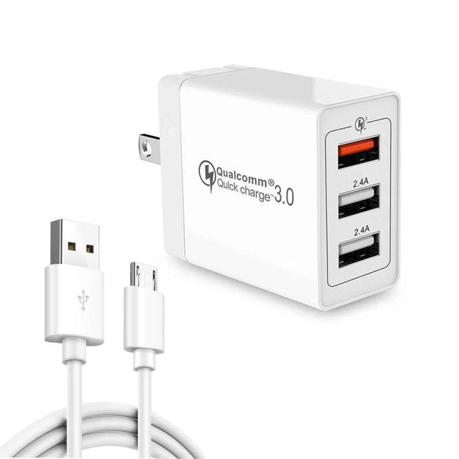 Handy Travel Charger Set for Everyday Device Use - white QC3.0 3-port wall charger with micro USB cable, charges phone tablet camera quickly