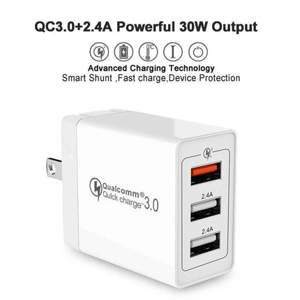 Handy Travel Charger Set for Everyday Device Use - compact QC3.0 USB wall charger with Micro USB cable and 3-port 30W output for phone, tablet, camera