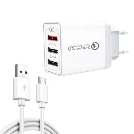 Essential Travel Charger Set for Everyday Device Needs - white multi-port adapter with Micro USB cable, 2.4A and Quick Charge 3.0