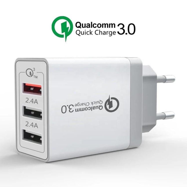 Essential Travel Charger Set for Everyday Device Needs - white Qualcomm Quick Charge 3.0 multi-port adapter with Micro USB cable