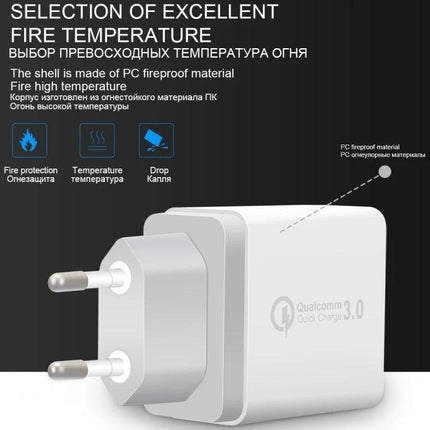 Essential Travel Charger Set for Everyday Device Needs white multi-port wall adapter with Micro USB cable and Qualcomm Quick Charge 3.0 branding