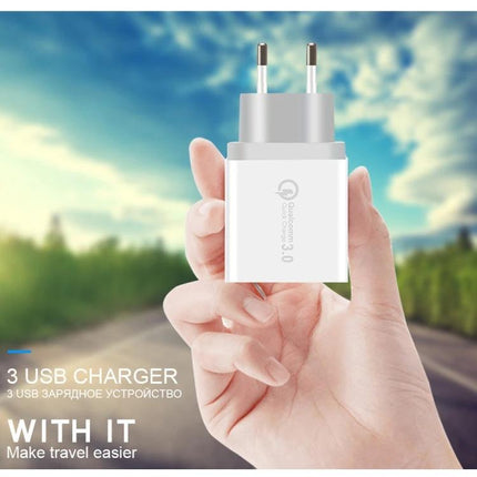 Essential Travel Charger Set for Everyday Device Needs - compact white multi-port adapter and Micro USB cable held in hand for travel charging