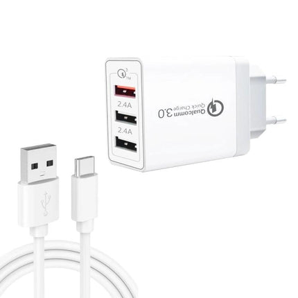 Travel Charger Set with EU Plug for Everyday Devices - white 3-port QC3.0 USB wall charger with USB-A to USB-C cable