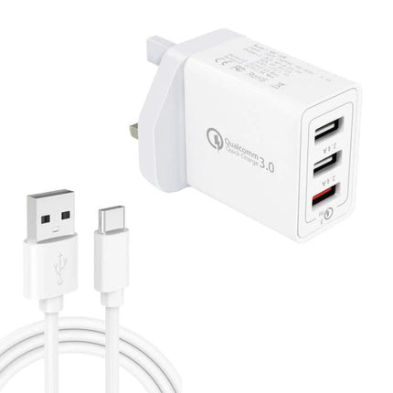 Compact Travel Charger Set for Phones and Tablets on the Go - white multi-port adapter with Type-C cable for simultaneous charging