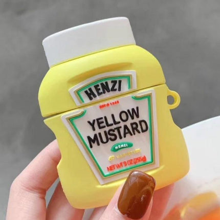 Fun Ketchup-Style Protective Case for AirPods on Daily Outings - yellow mustard bottle dustproof anti-fouling design, easy charging access