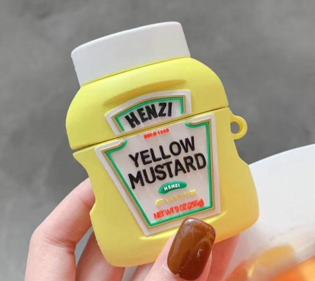 Fun Ketchup-Style Protective Case for AirPods on Daily Outings - yellow mustard bottle dustproof anti-fouling design, easy charging access