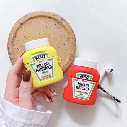 Fun Ketchup-Style Protective Case for AirPods on Daily Outings - red ketchup bottle case shown with yellow mustard variant, dustproof design