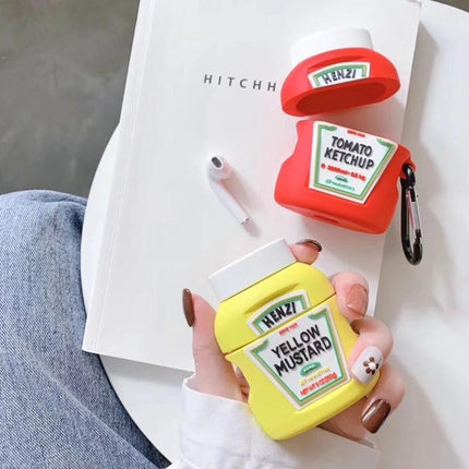 Fun Ketchup-Style Protective Case for AirPods on Daily Outings - red ketchup and yellow mustard AirPods cases, dustproof anti-fouling design, carabiner included