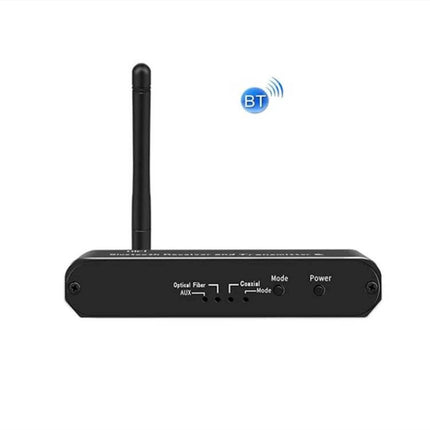 Black 3-in-1 Bluetooth Receiver, Transmitter, and Digital to Analog Converter with antenna showing optical, coaxial and AUX inputs