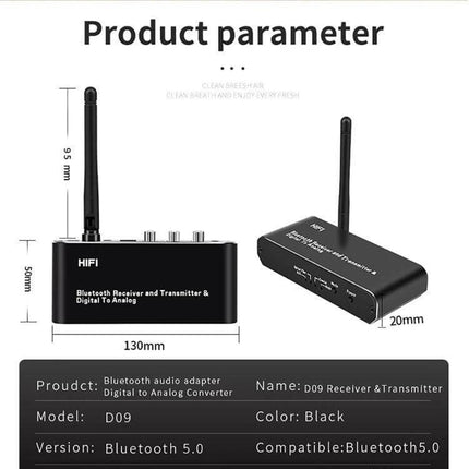 3-in-1 Bluetooth Receiver, Transmitter, and Digital to Analog Converter black D09 unit with antenna and dimensions shown
