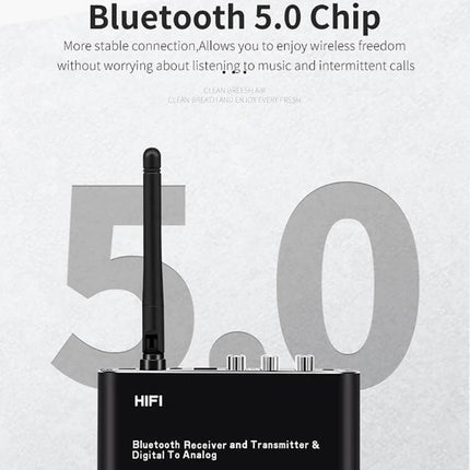 3-in-1 Bluetooth Receiver, Transmitter, and Digital to Analog Converter compact HiFi unit with antenna for streaming and analog conversion