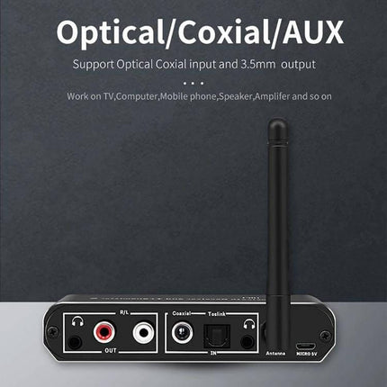 3-in-1 Bluetooth Receiver, Transmitter, and Digital to Analog Converter showing optical, coaxial, RCA and 3.5mm outputs with antenna