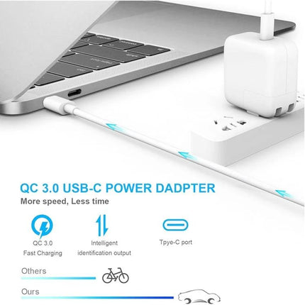 USB-C Travel Charger for Everyday Device Charging On the Go - compact QC 3.0 USB-C power adapter charging a laptop from a wall outlet