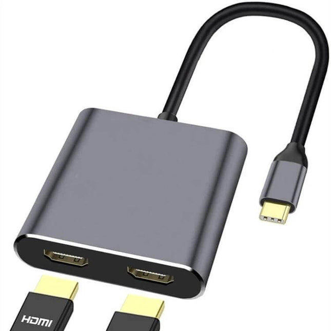 USB-C to Dual HDMI Adapter for Laptop Monitor Expansion shown with USB-C plug and two HDMI outputs for dual external monitors