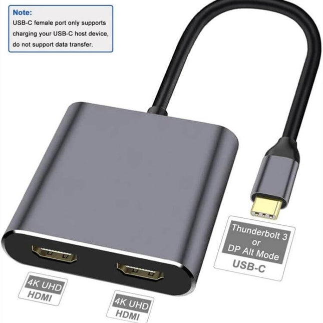 USB-C to Dual HDMI Adapter for Laptop Monitor Expansion showing gray adapter with USB-C cable and two HDMI ports