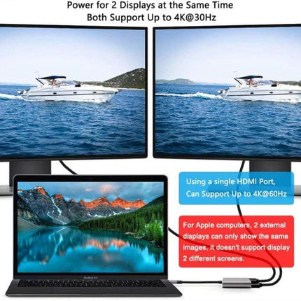 USB-C to Dual HDMI Adapter for Laptop Monitor Expansion showing laptop connected to two 4K monitors for extended workspace