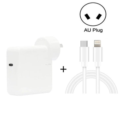 Convenient Travel Charger for Keeping Phones Charged on Trips — white AU plug USB‑C fast charger with USB‑C to Lightning cable
