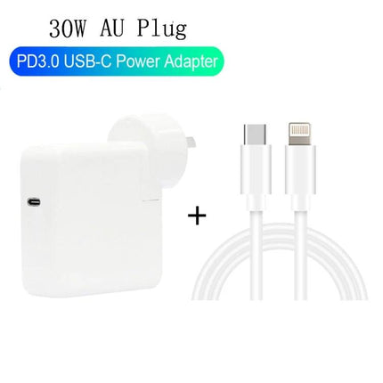 Convenient Travel Charger for Keeping Phones Charged on Trips — 30W PD USB-C power adapter with AU plug and USB-C to Lightning cable for fast charging