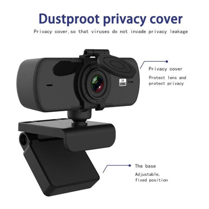 C5 Webcam for Video Calls with Built-in Microphone showing dustproof privacy cover, adjustable base and high-resolution lens