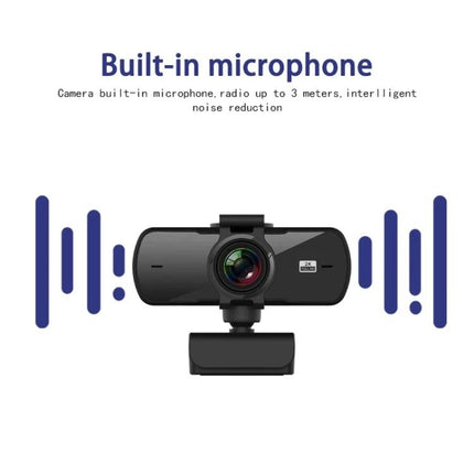 C5 Webcam for Video Calls with Built-in Microphone showing front view, built-in mic, and low-light enhancement features