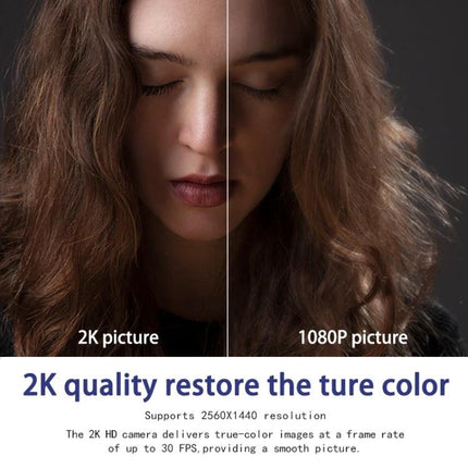 C5 Webcam for Video Calls with Built-in Microphone showing side-by-side 2K vs 1080P image quality, low-light enhancement and clear audio