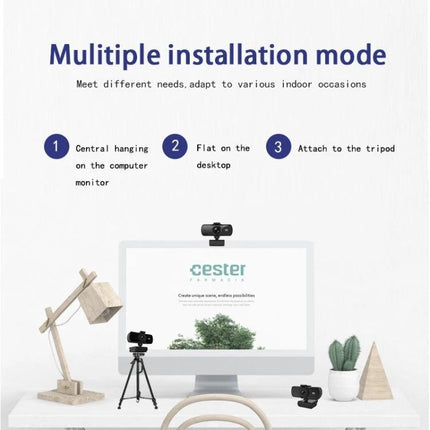 C5 Webcam for Video Calls with Built-in Microphone shown mounted on monitor, tripod and desktop with lamp and plants