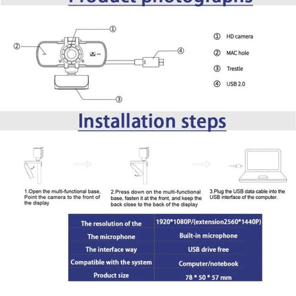 C5 Webcam for Video Calls with Built-in Microphone product diagram showing parts, installation steps, specs and USB connection