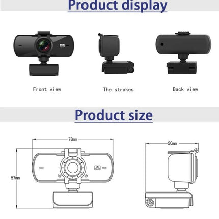 C5 Webcam for Video Calls with Built-in Microphone showing front, side, back views and product dimensions diagram