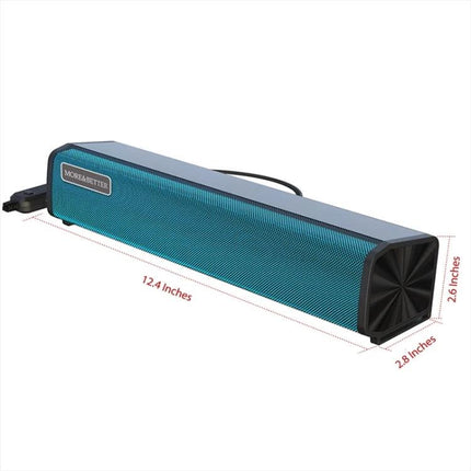 Compact Bluetooth Speaker For Home And Outdoor Portable Use shown in teal cylinder with RGB lighting, AUX, TF card, 12.4in length