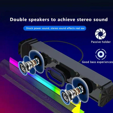 Compact Bluetooth Speaker For Home And Outdoor Portable Use showing dual drivers, RGB lighting, AUX TF support, compact cylinder design