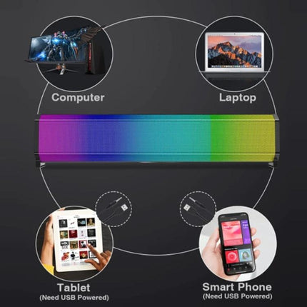 Compact Bluetooth Speaker For Home And Outdoor Portable Use showcasing RGB cylinder speaker with laptop computer tablet smartphone connections