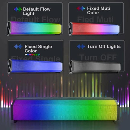Compact Bluetooth Speaker For Home And Outdoor Portable Use showing RGB lighting modes: default flow, fixed multi color, single color, and lights off
