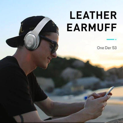 OneDer Wireless Headphones With Convertible Speaker Travel showing man wearing foldable over-ear leather earmuff headset