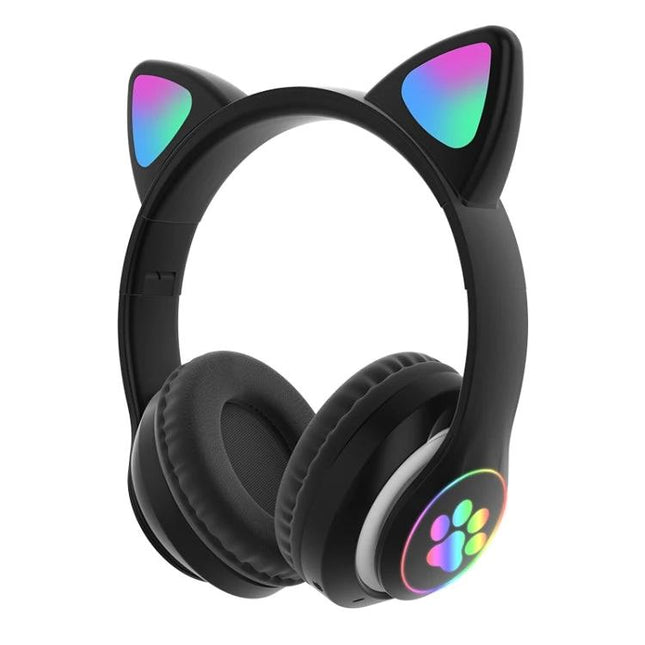 Cat Ear Bluetooth Headphones With Mic And Light Accents For Commuting black wireless headphones with glowing ears and paw lights