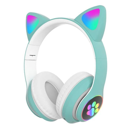 Cat Ear Bluetooth Headphones With Mic And Light Accents For Commuting in teal with glowing paw lights, Bluetooth 5.0, mic, dual pairing