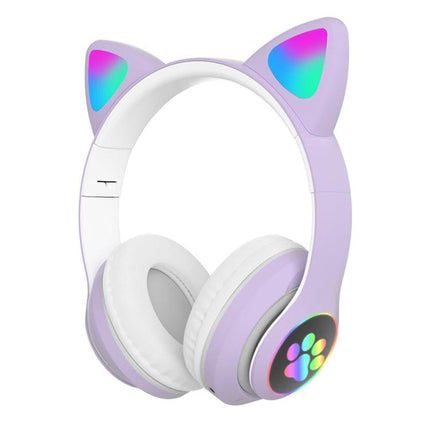 Cat Ear Bluetooth Headphones With Mic And Light Accents For Commuting in lavender with glowing paw light and cushioned earcups