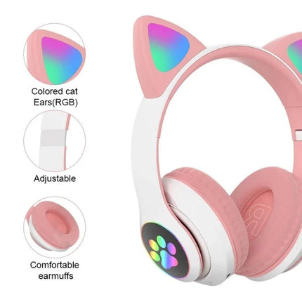 Cat Ear Bluetooth Headphones With Mic And Light Accents For Commuting pink RGB cat-ear wireless headset with mic and comfortable cushions