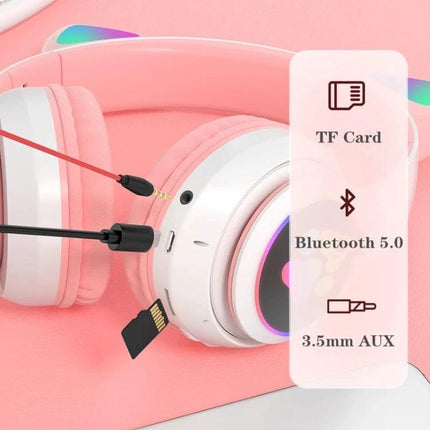Cat Ear Bluetooth Headphones With Mic And Light Accents For Commuting pink wireless headphones with TF card aux and Bluetooth 5.0