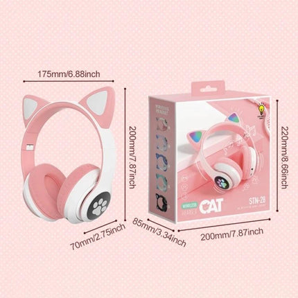 Cat Ear Bluetooth Headphones With Mic And Light Accents For Commuting pink wireless headphones with mic, light-up cat ears and paw cushions