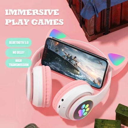 Cat Ear Bluetooth Headphones With Mic And Light Accents For Commuting pink gaming headphones with phone stand dual-device Bluetooth