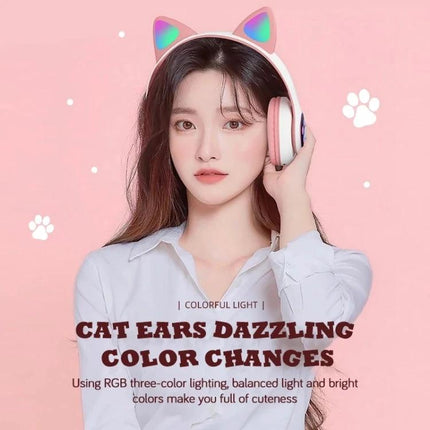 Cat Ear Bluetooth Headphones With Mic And Light Accents For Commuting pink RGB cat ear headphones on woman for commuting