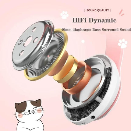 Cat Ear Bluetooth Headphones With Mic And Light Accents For Commuting showing exploded HiFi driver and cat icon