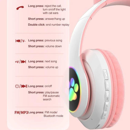 Cat Ear Bluetooth Headphones With Mic And Light Accents For Commuting - pink wireless headset with LED paw lights and control buttons