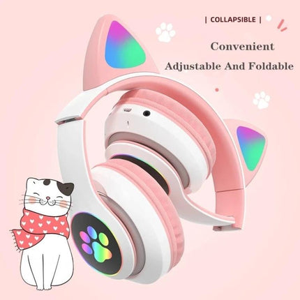 Cat Ear Bluetooth Headphones With Mic And Light Accents For Commuting wireless pink foldable headphones with mic