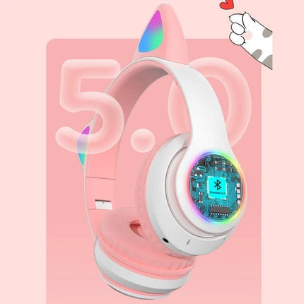 Cat Ear Bluetooth Headphones With Mic And Light Accents For Commuting white pink wireless headphones with glowing ears and mic
