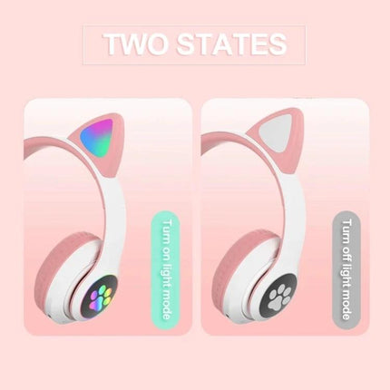 Cat Ear Bluetooth Headphones With Mic And Light Accents For Commuting showing lit and unlit paw and ear light modes
