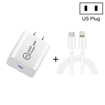 Essential Travel Charger Set for Daily Device Use on the Go — compact 20W PD USB‑C wall charger with Type‑C to 8‑Pin cable, US plug for phones, tablets, laptops
