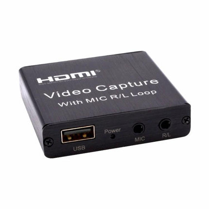 USB HDMI Video Capture Card for Computer and Smartphone Recording - compact black HDMI video capture device with USB, MIC and R/L audio ports